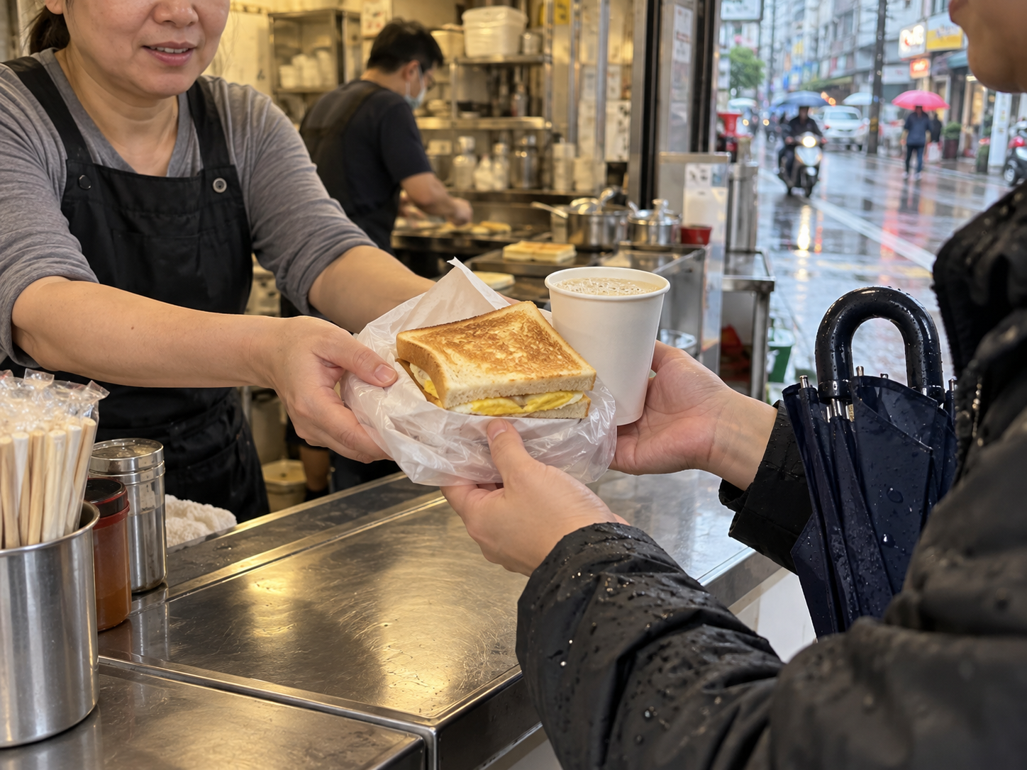 早餐店員工把蛋吐司與熱豆漿交給帶雨傘的顧客