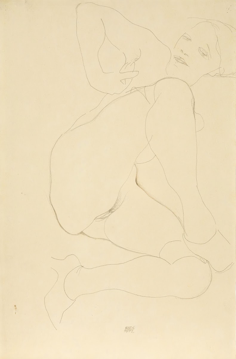Liegender weiblicher Akt mit angewinkelten Beinen Reclining femalenude with bent