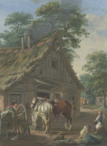Zwei Bauernpferde vor einem Wirtshaus unter Bäumen 1791