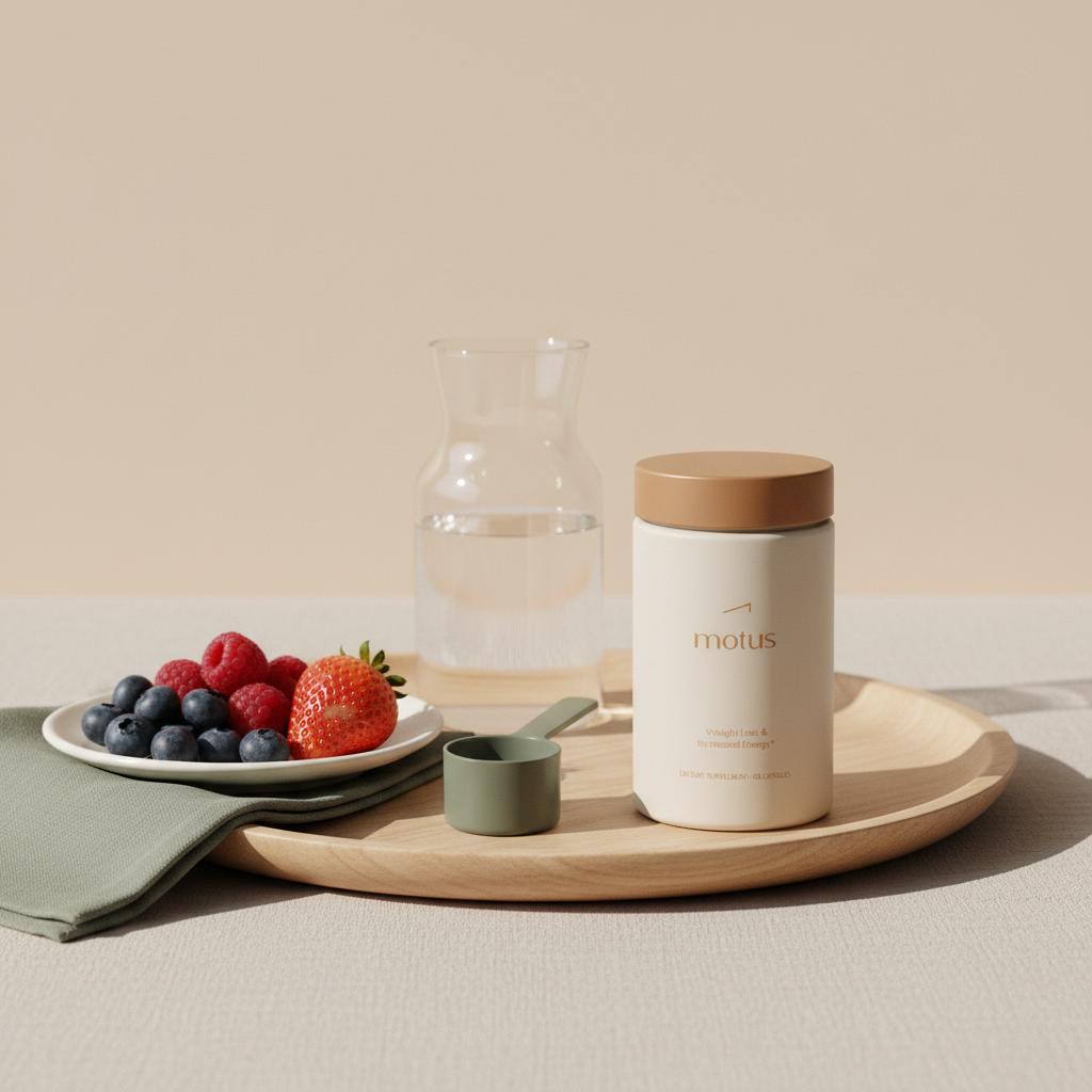 Motus supplement jar on round wooden tray with scoop, glass carafe and mixed berries in a minimalist Tonum health scene, garcinia cambogia