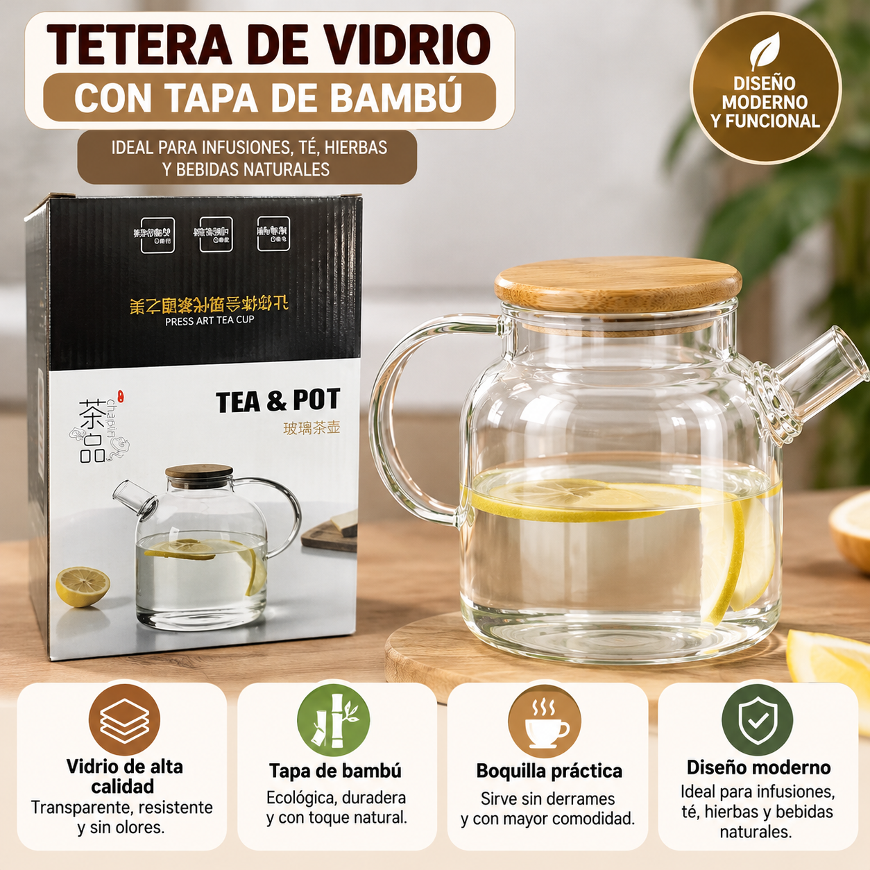 Tetera de vidrio con tapa de bambú