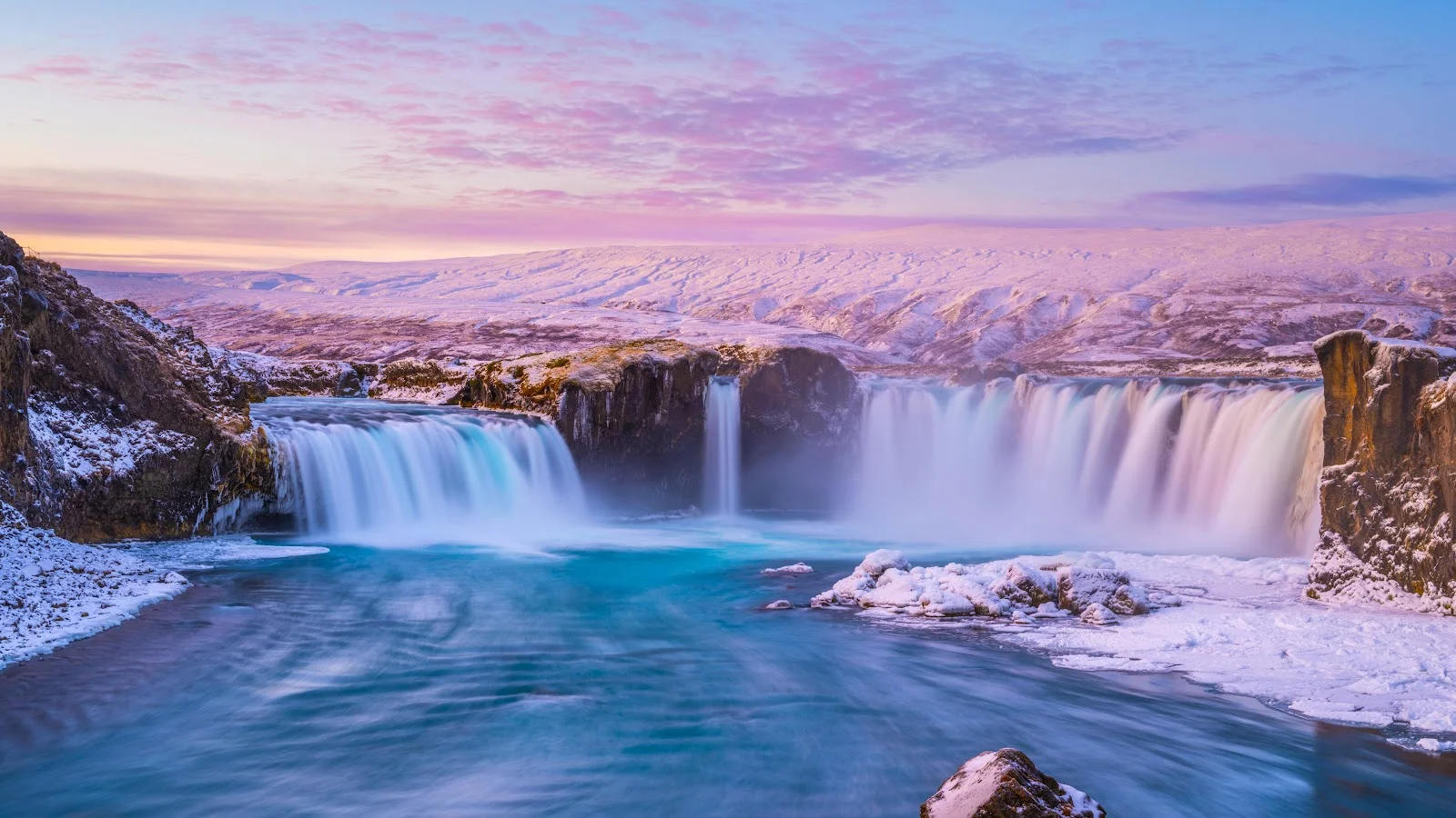Snowy Waterfall Under Pink Sky - Long Exposure Photography 5K Wallpaper (6144x3456)