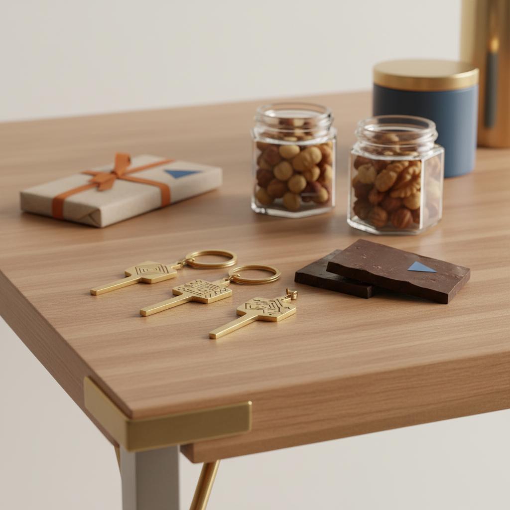 Nahaufnahme eines Esstisches mit kleinen nikolausgeschenke männer: gravierte Metallanhänger, Gläser mit Nüssen und Schokolade, warme Beleuchtung, minimalistisches Steelmonks-Design