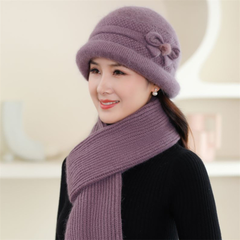 Knitted hat with scarf and gloves, women's, winter