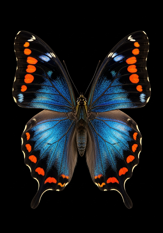 Iridescent Blue Butterfly on Black