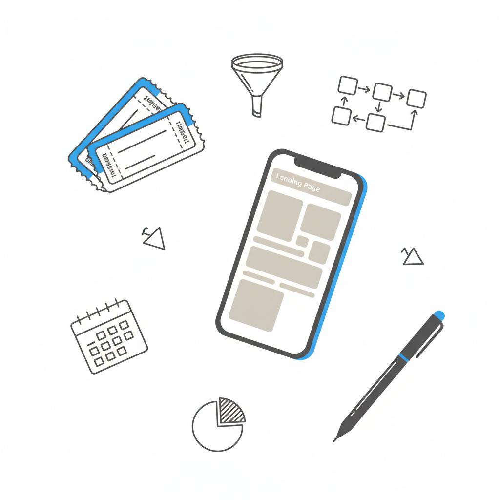 Minimal 2D vector illustration of ticket stubs, a smartphone wireframe and a pen on a white notebook-style page, accented with #1a5bfb &mdash; concept for facebook ads for events