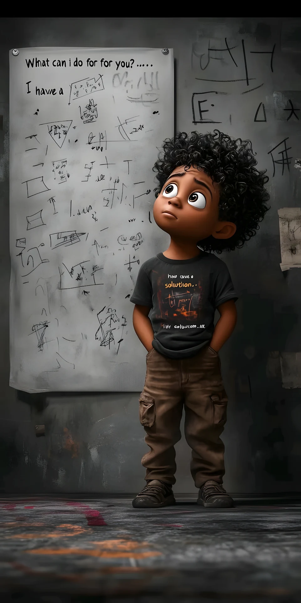 Thoughtful Cartoon Boy and the Complex Whiteboard Problem - Free 4K mobile Wallpaper