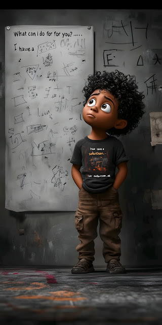 Thoughtful Cartoon Boy and the Complex Whiteboard Problem - Free mobile Wallpaper