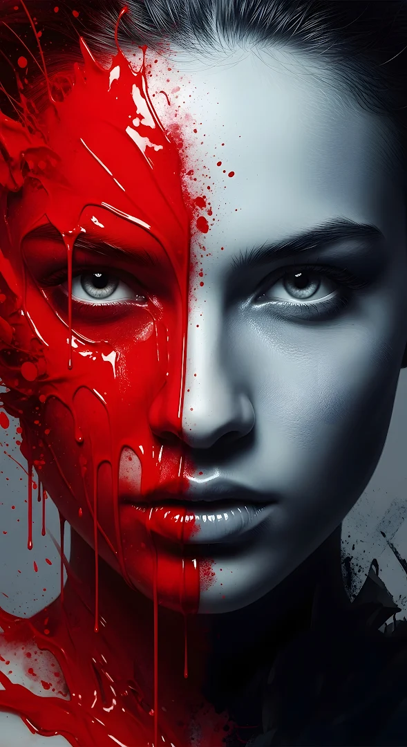 Dramatic Split Face Portrait Red Paint Drip Monochrome