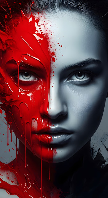Dramatic Split Face Portrait Red Paint Drip Monochrome - Free mobile Wallpaper