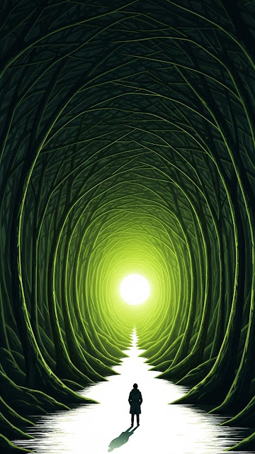 Conceptual Illustration of a Figure Entering a Tunnel of Forest Trees Towards a Bright Opening - Free mobile Wallpaper