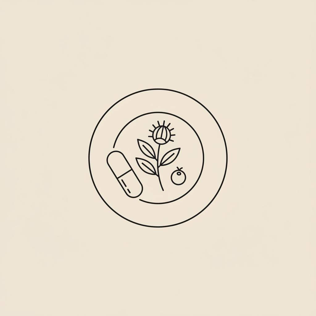Minimalist Tonum-style vector line illustration of a capsule beside a plate with a milk thistle sprig and a berry on beige background, illustrating safe weight loss medications for adults
