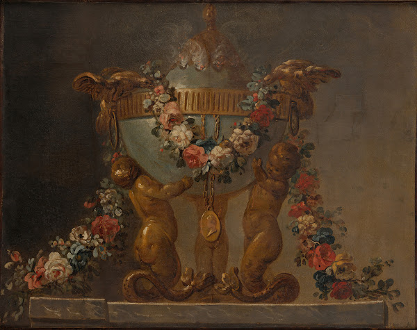Perfume burner supported by baby tritons and garlanded with flowers 18th century