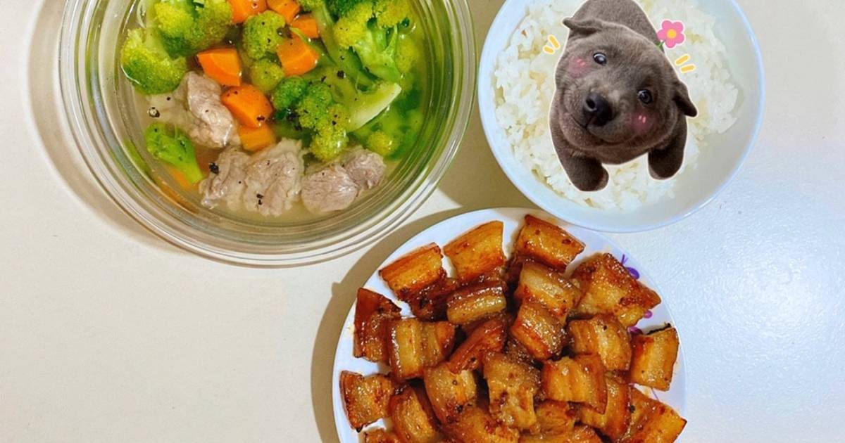Ba chỉ nướng + canh bông cải xanh