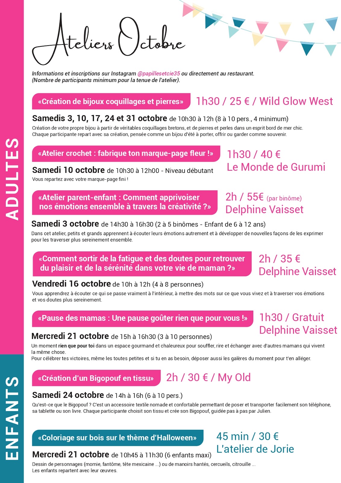 Planning des ateliers du mois
