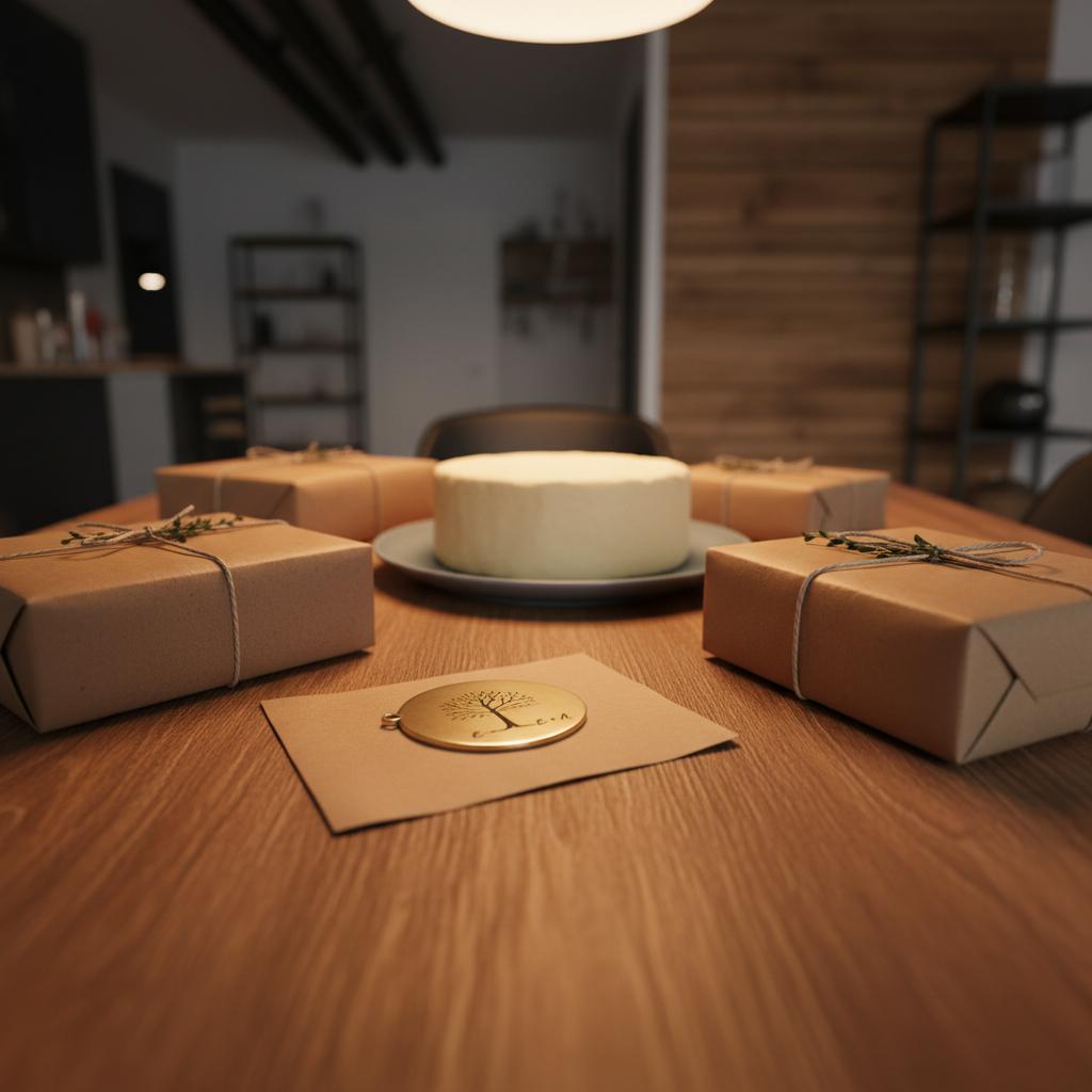 Detailaufnahme eines Esstisches mit Geschenken, Vanillekuchen und graviertem Metallanhänger auf braunem Papier — geburtstagsgeschenk ideen in warmer, minimalistischer Industriestimmung.