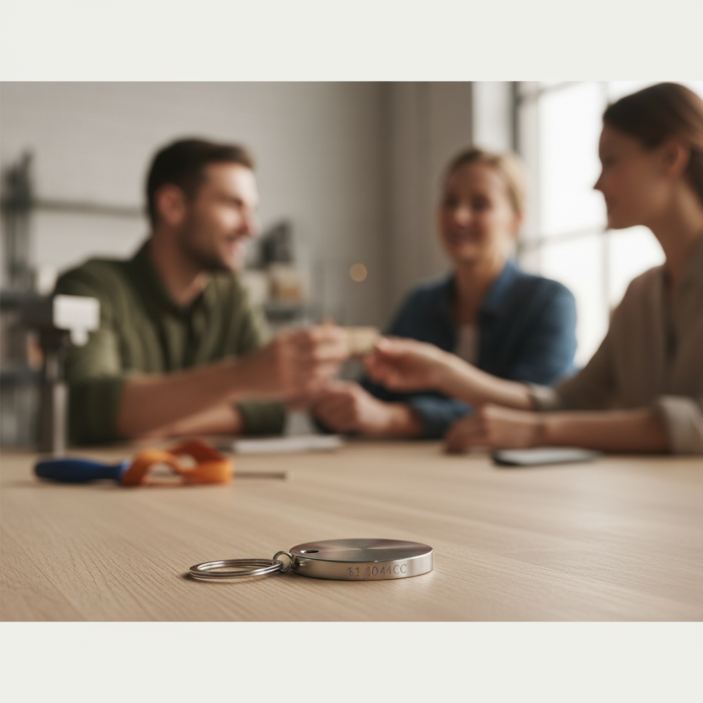 Nahaufnahme gravierter Stahl-Schlüsselanhänger auf Holztisch in warmer Abend-Workshop-Szene mit unscharfen Personen im Hintergrund – nikolausgeschenke