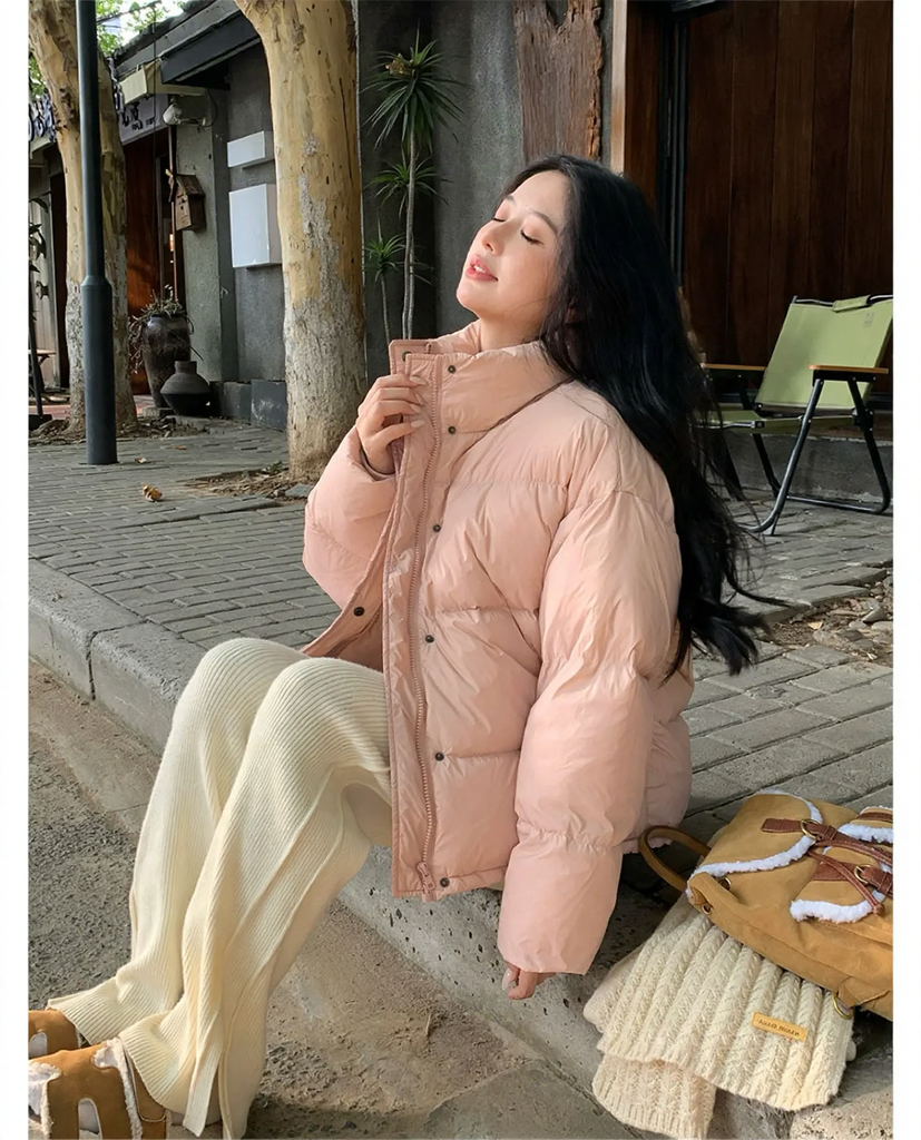 Short down jacket for girls, 95% white duck down, stand-up collar