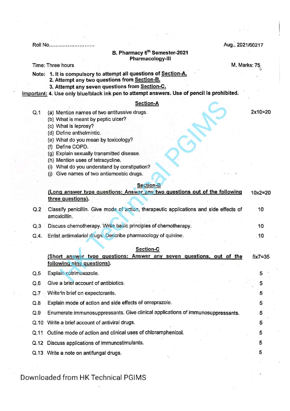 BP602T Pharmacology III UHSR 6th Semester B.Pharmacy Previous Year's Question Paper,BP602T Pharmacology III,BPharmacy,Previous Year's Question Papers,BPharm 6th Semester,