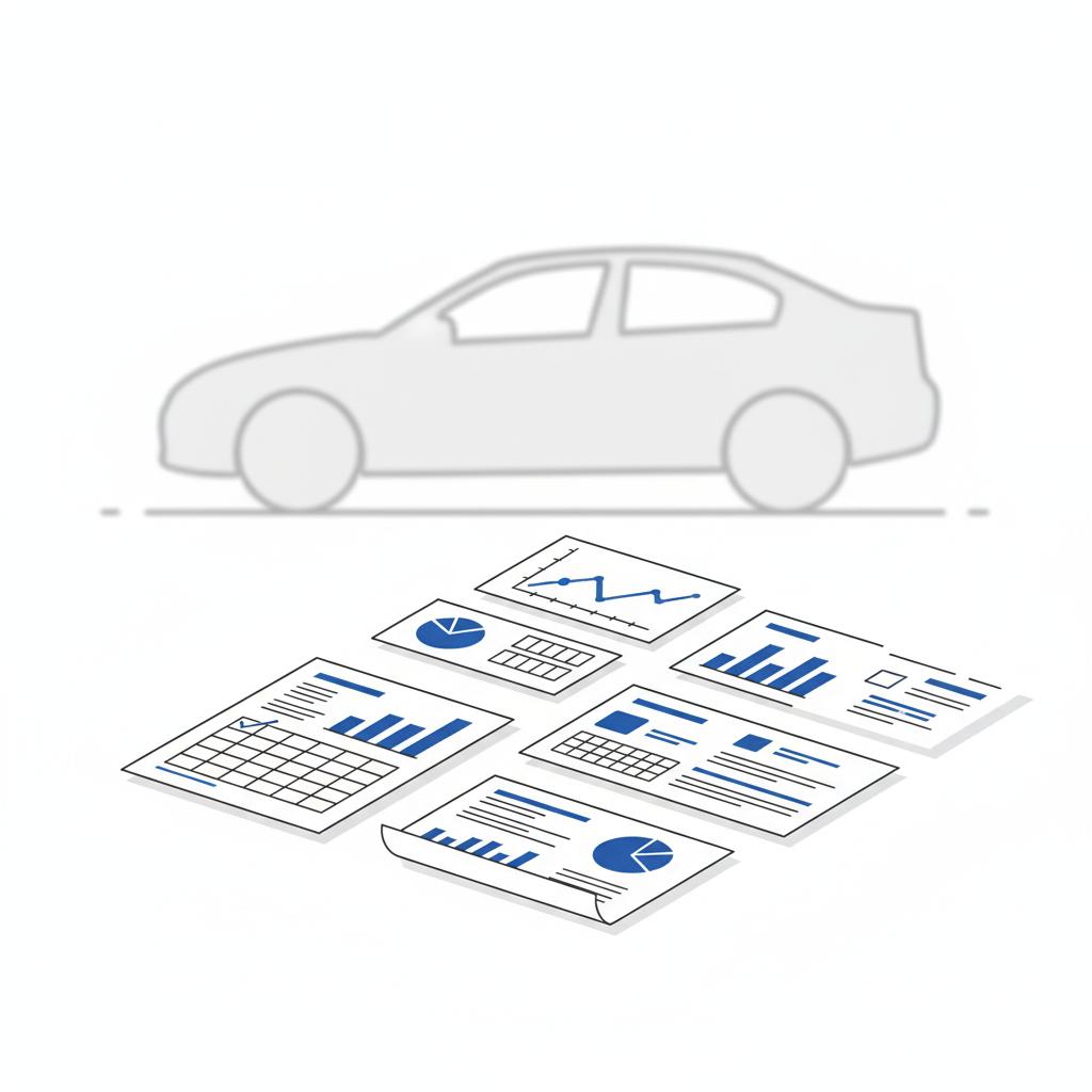 Minimalist vector of comparables and service records on a driveway with a parked car silhouette in background highlighting edmunds appraise my car process