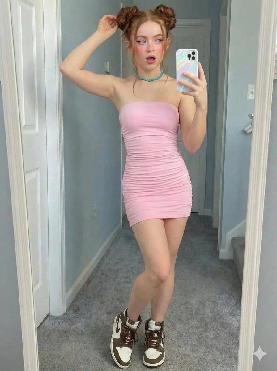 Selfie frente al espejo de una chica con vestido rosa y zapatillas Jordan.