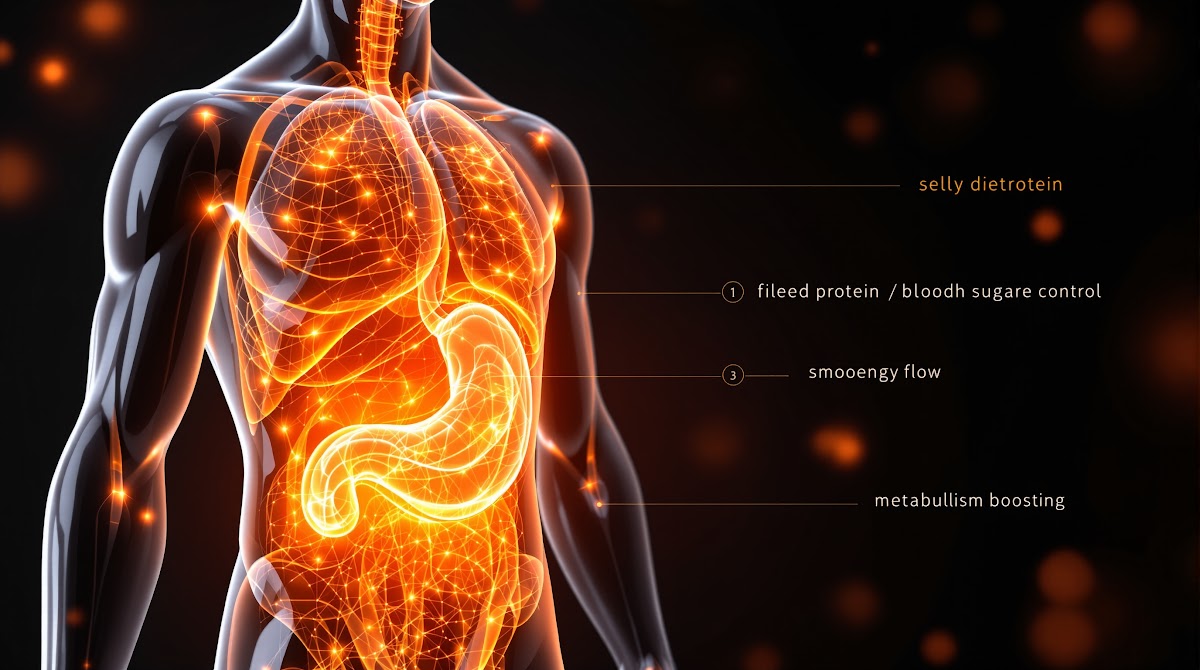 젤리다이어트의 과학적 원리를 설명하는 인포그래픽, 식이섬유와 단백질, 기능성 성분이 체내에서 작용하여 포만감과 혈당 조절, 대사 촉진 효과를 시각적으로 보여주는 그래픽, 건강한 신체 실루엣과 함께