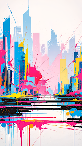 Neon Paint Splatter Cityscape Abstract Art