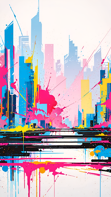 Neon Paint Splatter Cityscape Abstract Art - Free mobile Wallpaper