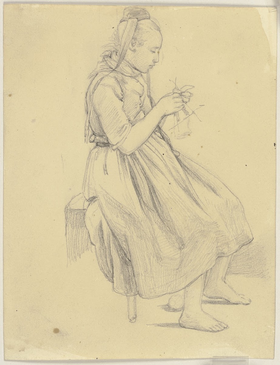Strickendes Mädchen in Tracht