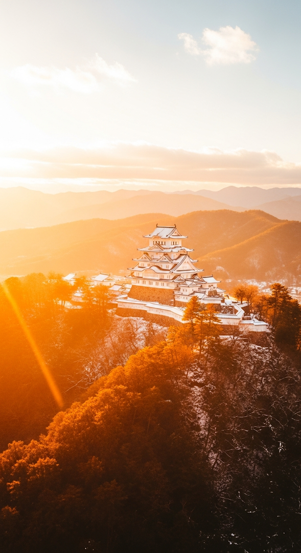 Misty Aerial of White Japanese Castle on Hill During Golden Hour in Winter