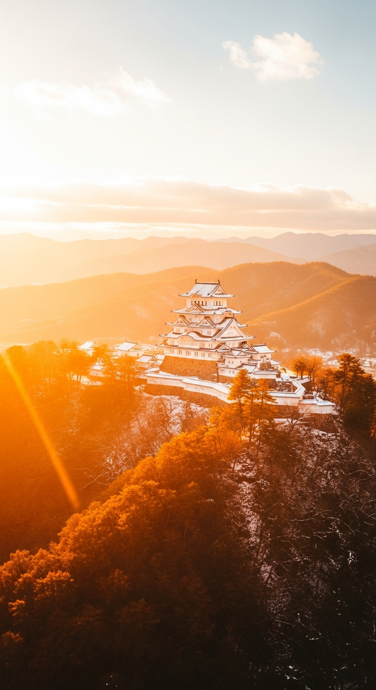 Misty Aerial of White Japanese Castle on Hill During Golden Hour in Winter - Free 4K mobile Wallpaper