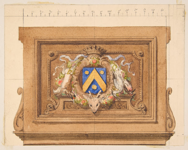 Design of a decorative panel featuring hunting trophies a shield and a crown 19t