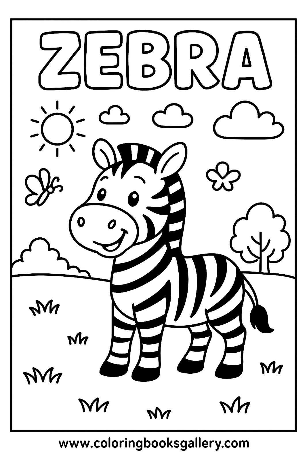 Fun coloring page to learn the English word 'Zebra' for kids – printable coloring page