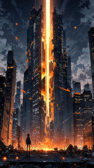 Futuristic City Tower Split by Golden Beam - Free mobile Wallpaper