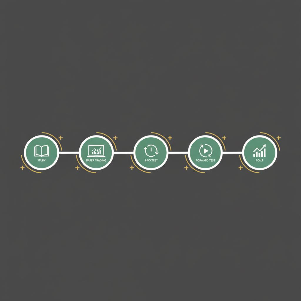 Minimal vector roadmap for learning how to trade stocks showing five icon nodes for study paper trading backtest forward test and scale on dark brand background