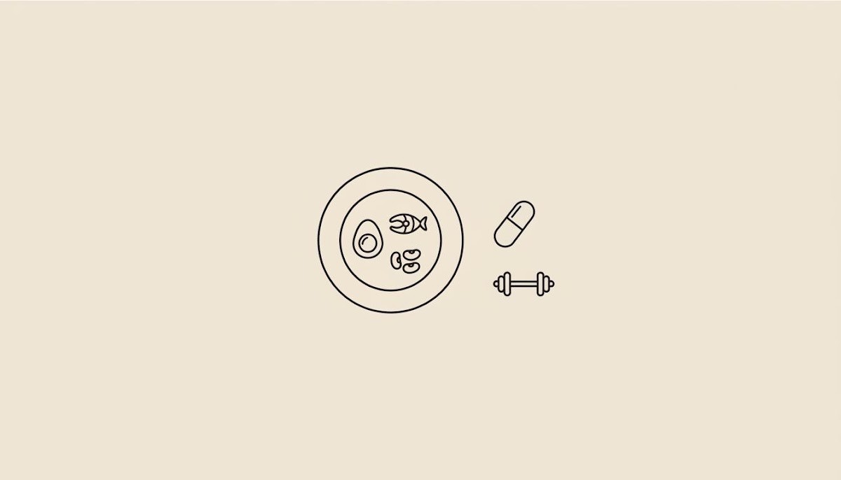 Minimalist line illustration on beige background showing a plate with protein sources, a capsule, and a small barbell, representing fat loss after menopause.
