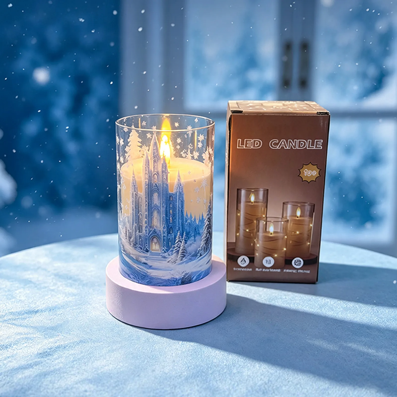 LED electronic candle with snow landscape motif