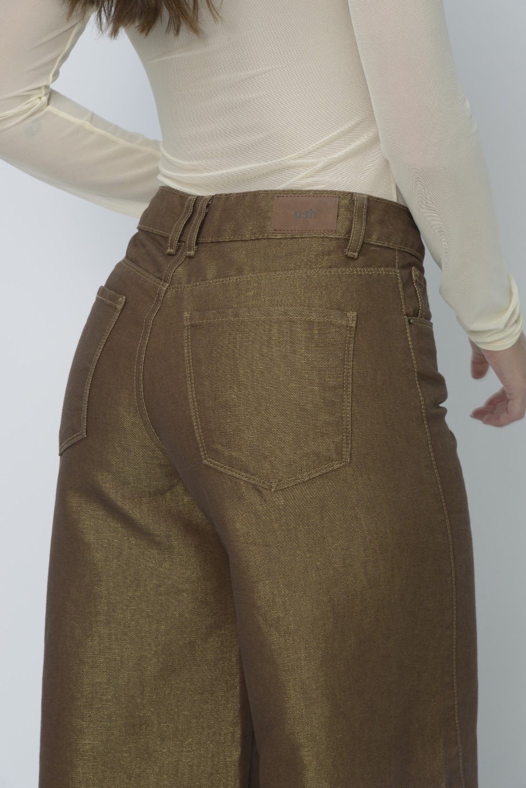 Jean dama Wide Leg tiro alto rígido tela brillante, color Café - Vista 6
