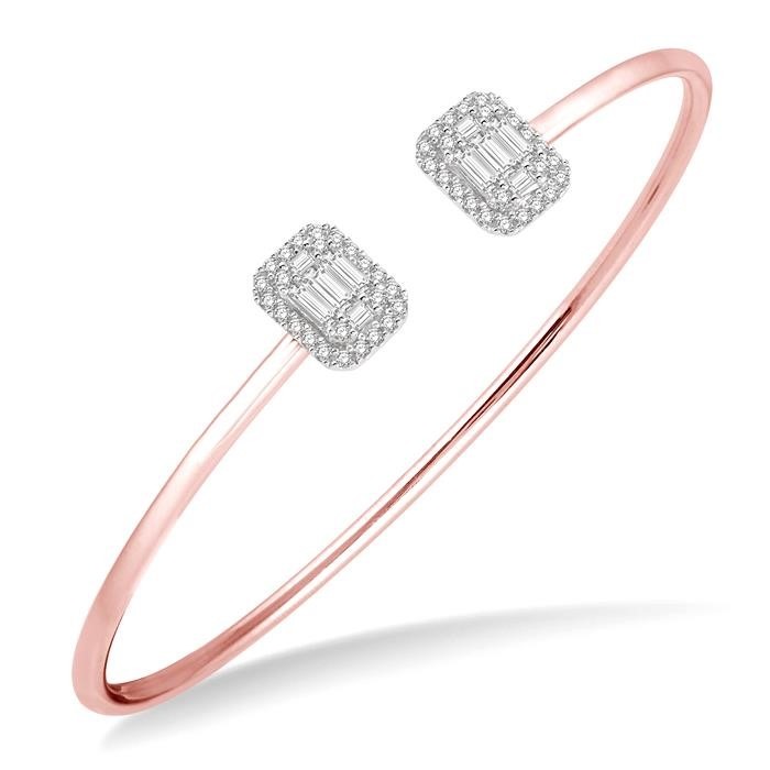 Stackable Emerald Shape Halo Fusion Diamond Open Cuff Bangle