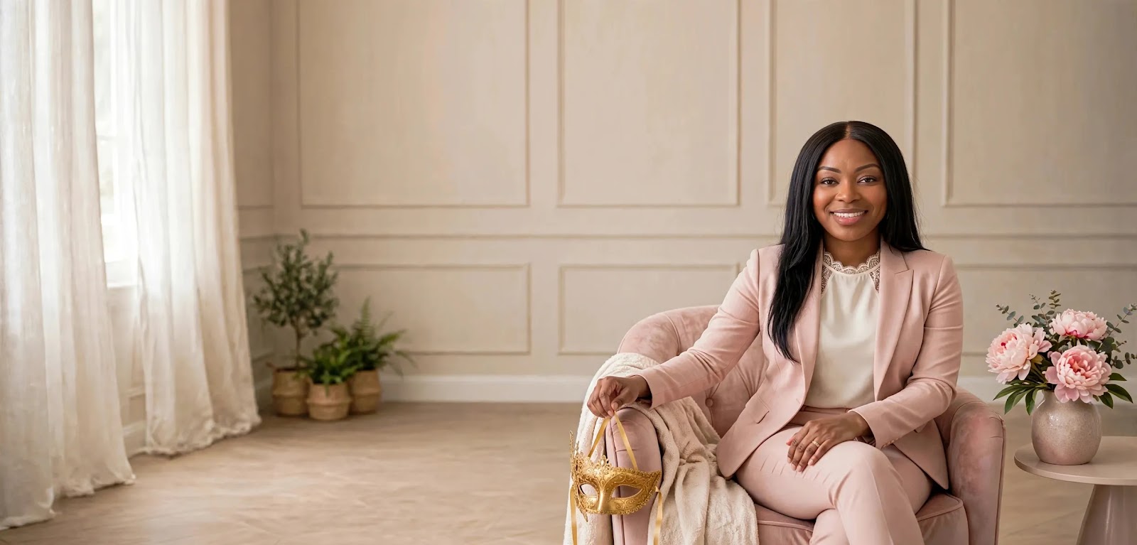 Chioma Okechukwu in a blush suit, seated and smiling, an elegant gold masquerade mask dangling from her hand