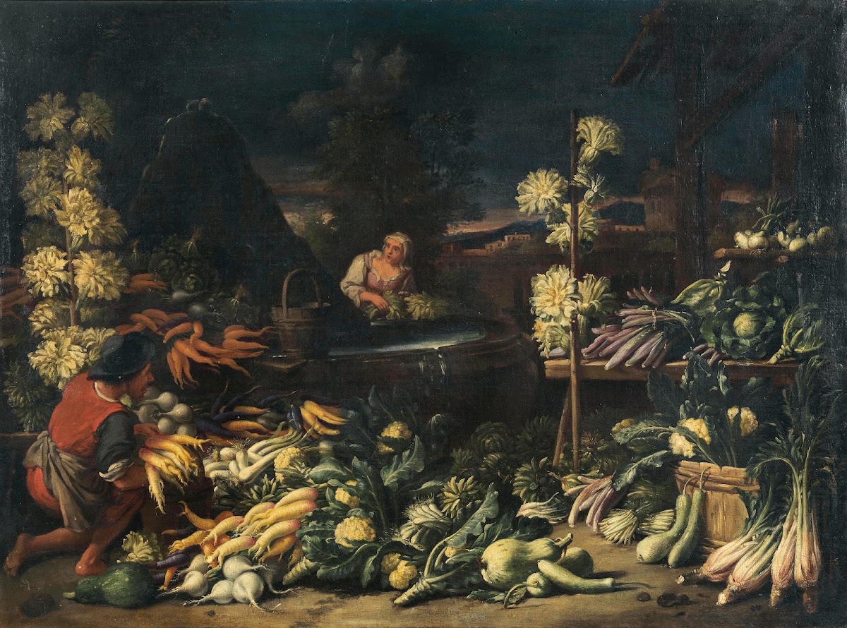 Fruit sellers by a fountain with vegetables and flowers