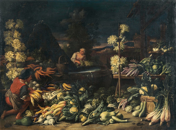 Fruit sellers by a fountain with vegetables and flowers