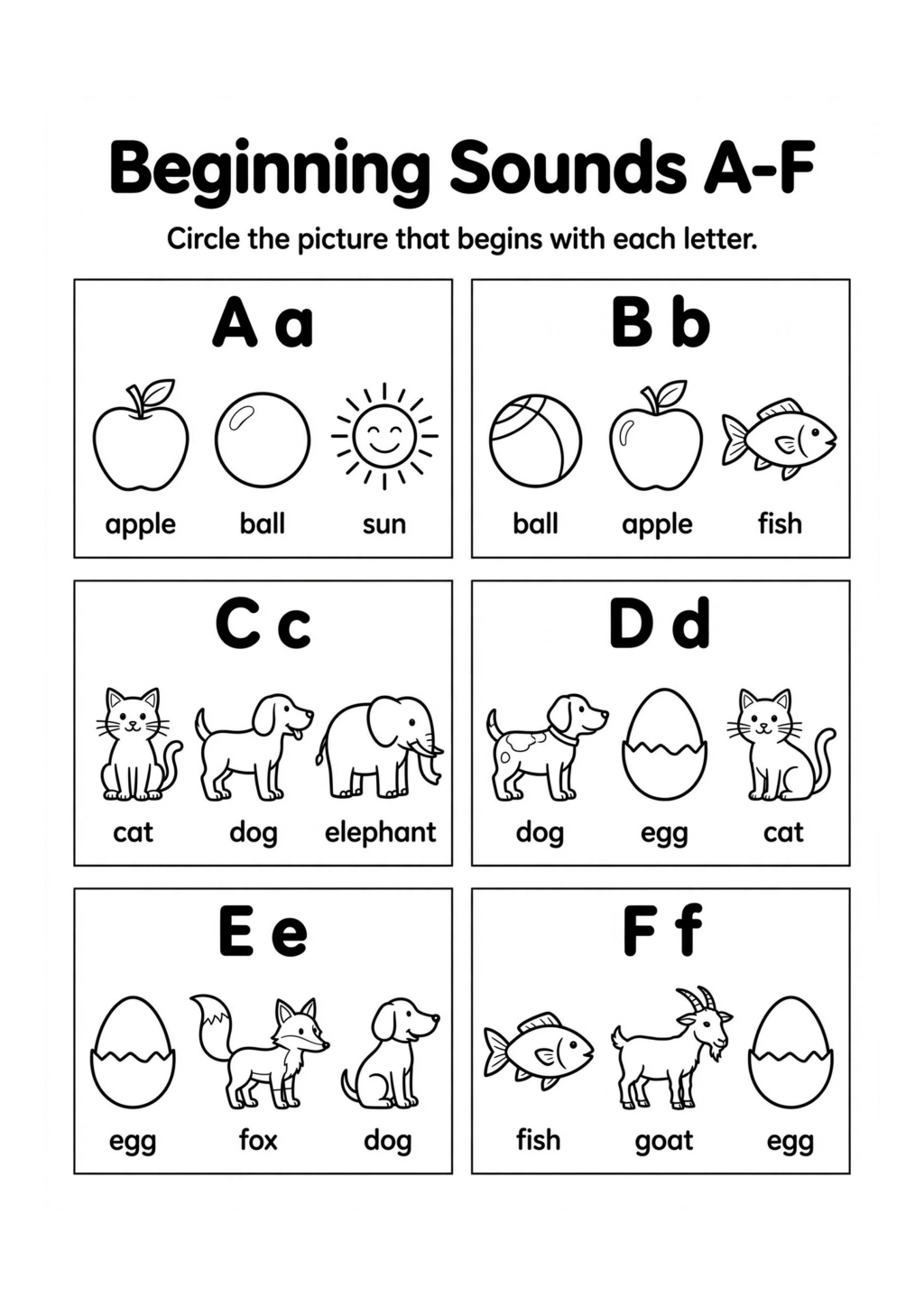 Beginning Sounds A to F Worksheet