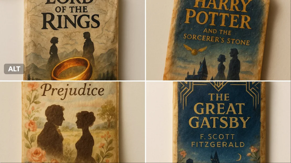 Una bolsita de té antigua sobre un fondo blanco impoluto, pintada a mano con una intrincada ilustración que recuerda a la portada de un libro.
