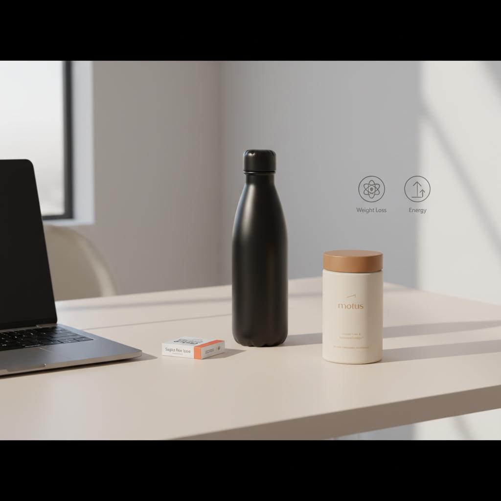 Minimalist daylight desk with Tonum Motus bottle, reusable water bottle and sugar-free gum pack beside a laptop, illustrating how to get rid of hunger without eating.