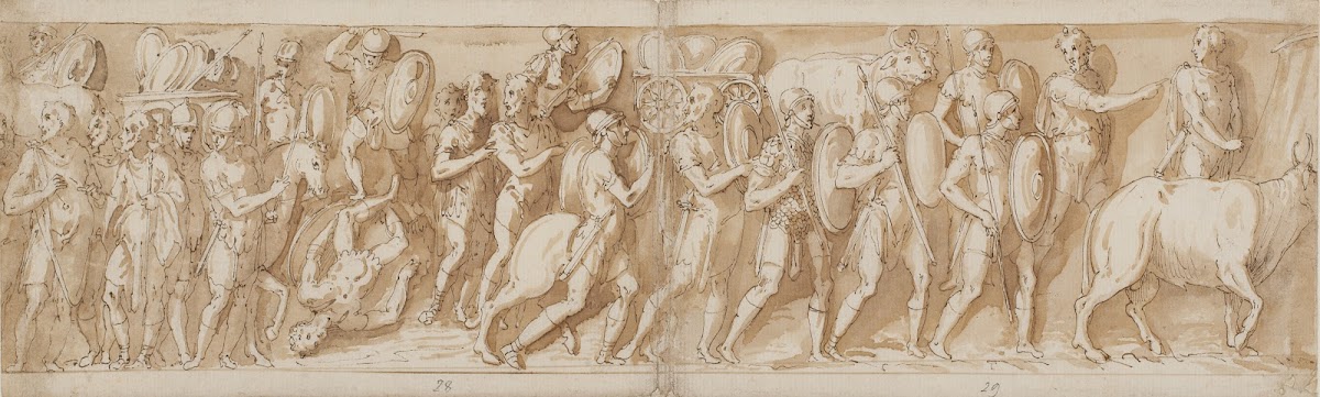 Romere på march Marcus Aurelius Pompejus og en oppasser overværer marchen ophold