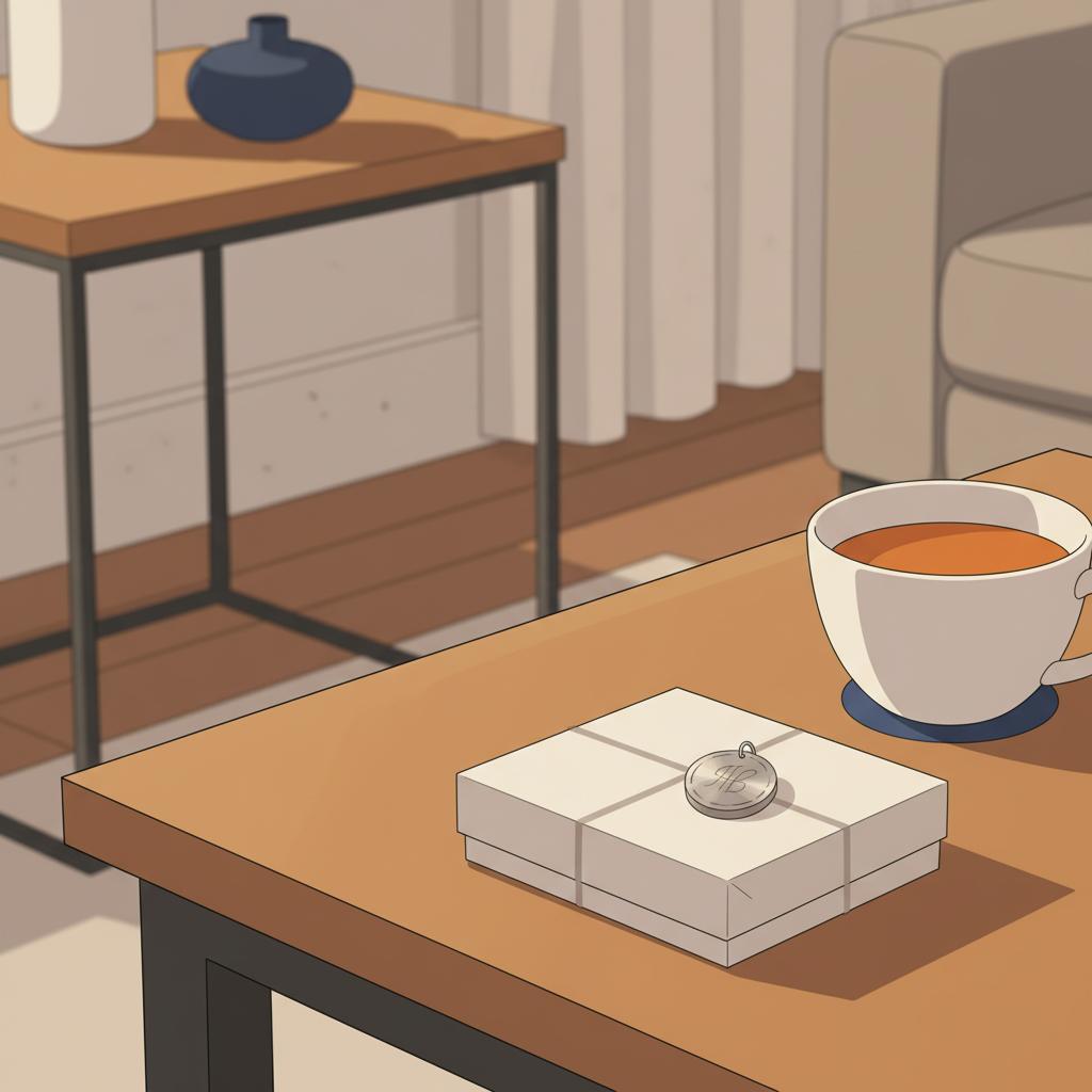 Intime Wohnzimmer-Szene mit personalisiertem Metallanhänger auf Geschenksschachtel neben Tee, minimalistisch, warmes Licht, Holz- und Metalldetails, geschenkideen für schwiegermutter