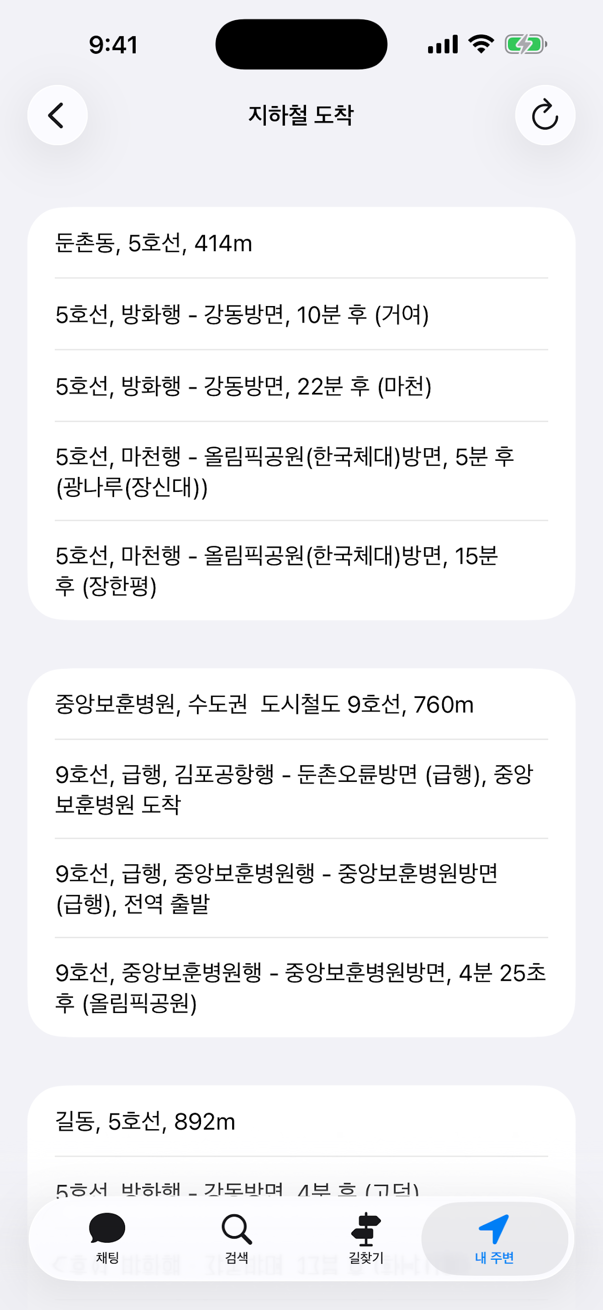이미지: 길동무 앱의 지하철 도착 화면. 맨 위에 '둔촌동, 5호선, 414m'가 있고 그 아래 '5호선, 방화행 - 강동방면, 10분 후 (거여)', '5호선, 마천행 - 올림픽공원(한국체대)방면, 5분 후 (광나루(장신대))'처럼 노선과 방면, 도착 시간이 한 줄에 하나씩 나열된다. 이어서 '중앙보훈병원, 수도권 도시철도 9호선, 760m'와 '길동, 5호선, 892m'가 거리순으로 이어진다.