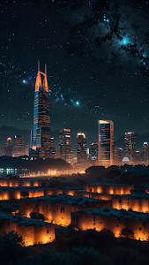Futuristic Cityscape Ancient Ruins Night Sky