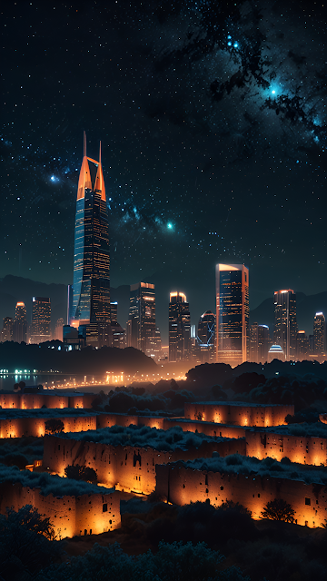 Futuristic Cityscape Ancient Ruins Night Sky - Free mobile Wallpaper